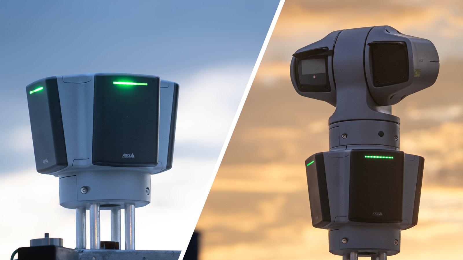 AXIS D2124-VE Radar, alone and mounted below an AXIS Q62 PTZ camera